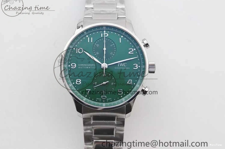 MIROTIME 0120 FastDry Portugieser Chronograph IW371615 ZF Best Edition Green Dial on SS Bracelet A7750 (Slim Movement) 7038